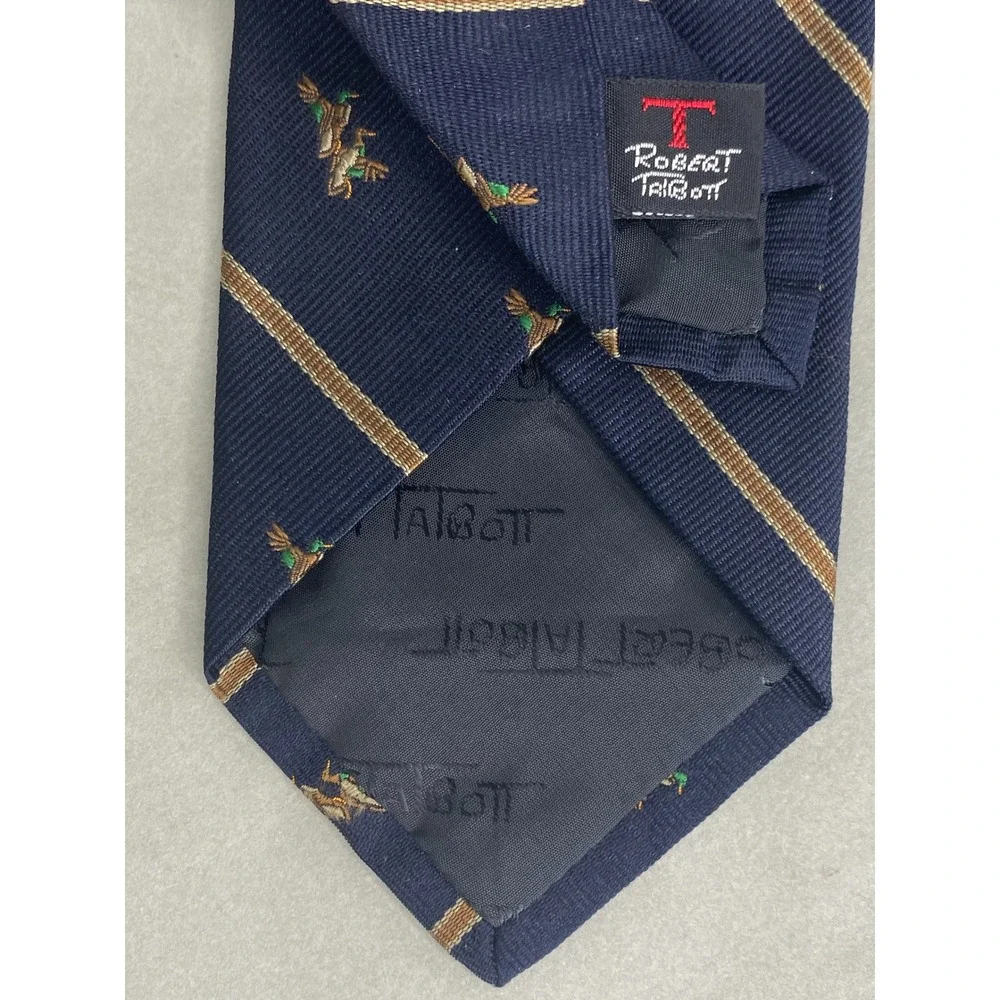 Robert Talbott‎ Mens Tie Navy Gold Silk Mallard Duck Stripe England 56x4